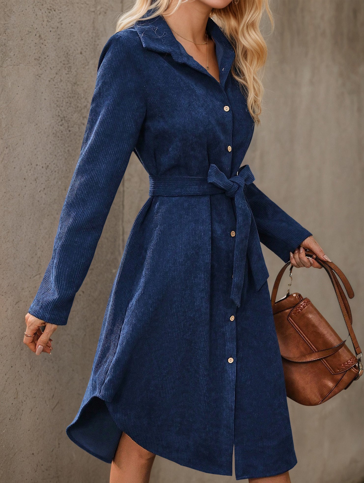 Corduroy Button Front Belt Shirt Dress