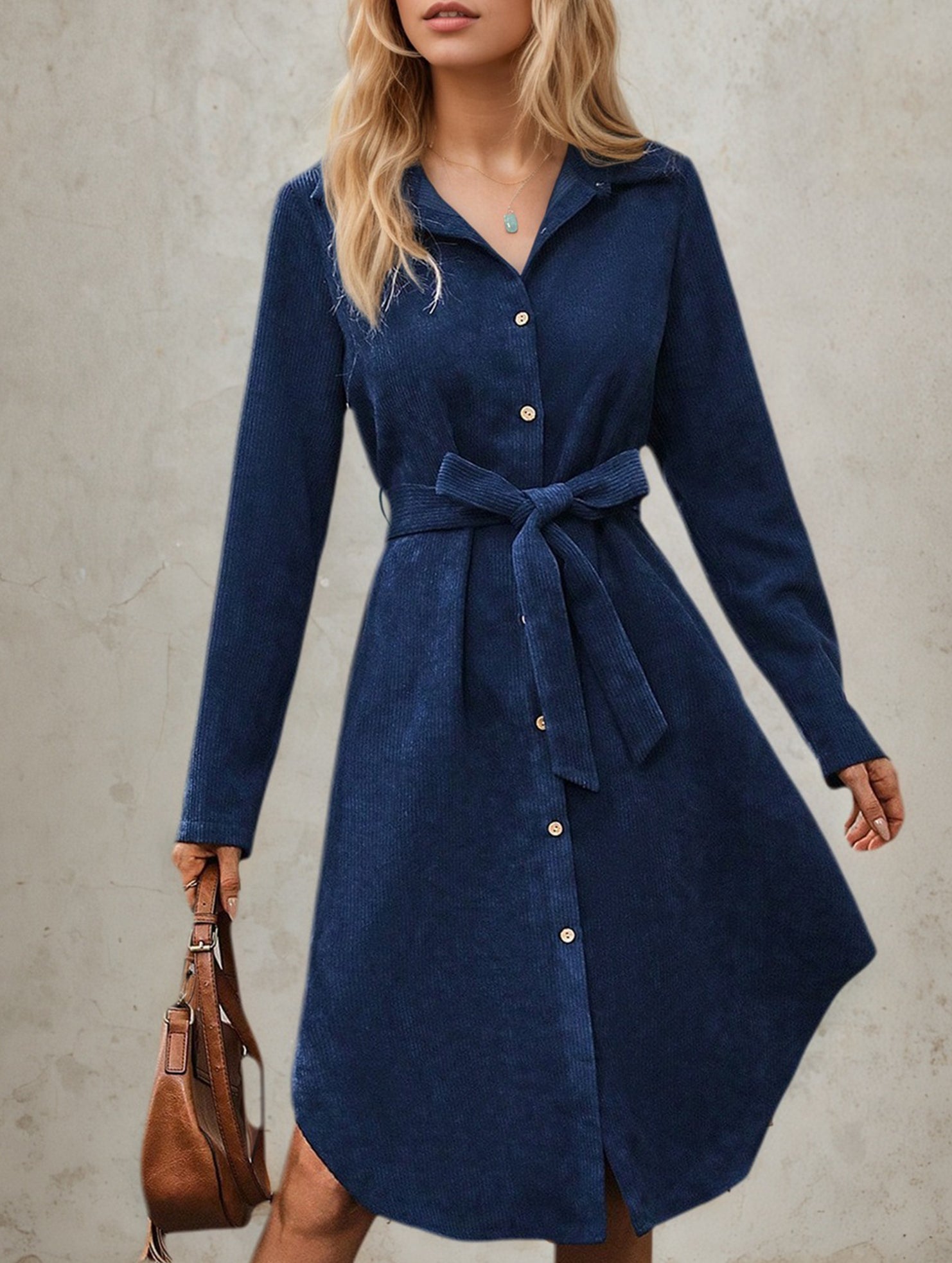 Corduroy Button Front Belt Shirt Dress