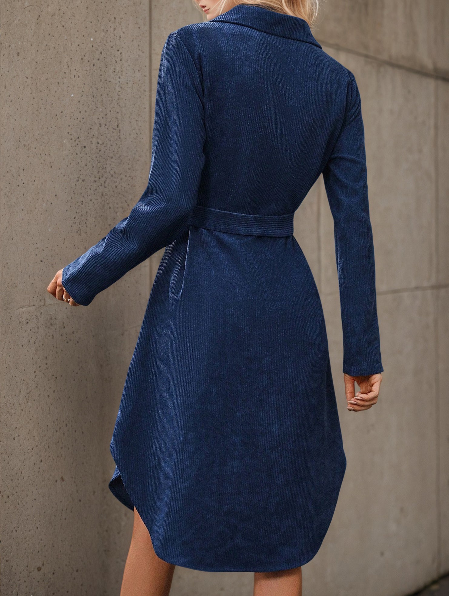 Corduroy Button Front Belt Shirt Dress