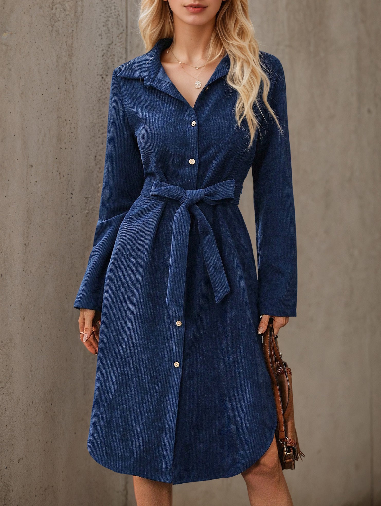 Corduroy Button Front Belt Shirt Dress