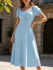 Square Neck Tie Waist A Line Midi Dress
