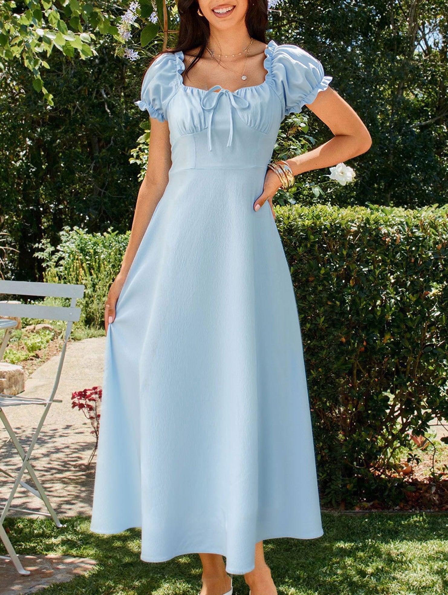 Square Neck Tie Waist A Line Midi Dress