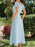 Square Neck Tie Waist A Line Midi Dress