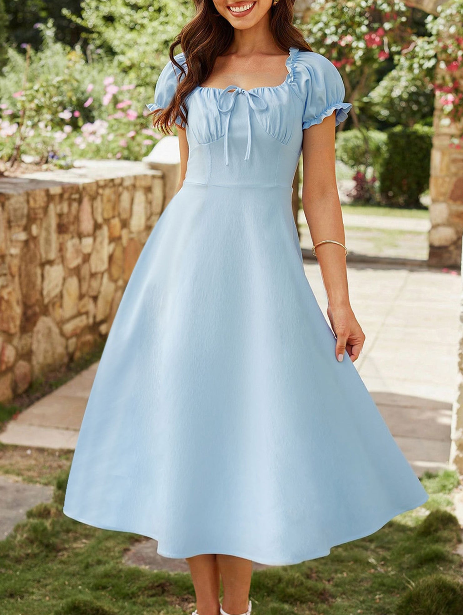 Square Neck Tie Waist A Line Midi Dress