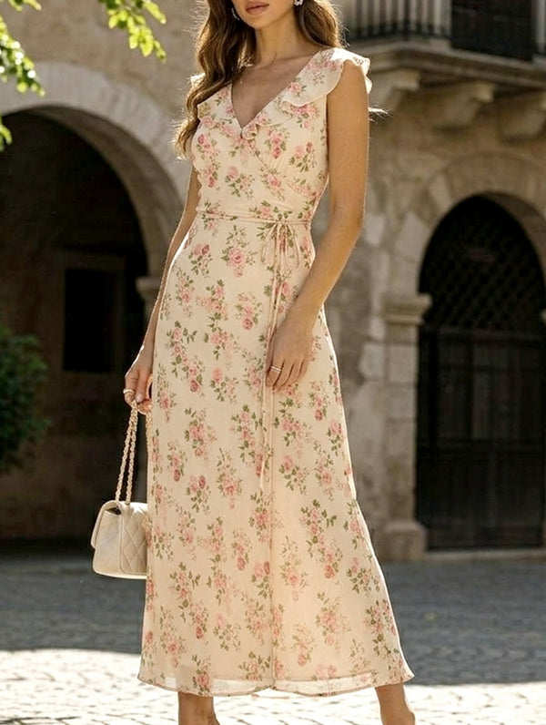 Floral V Neck Tie Maxi Dress