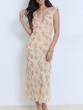 Floral V Neck Tie Maxi Dress