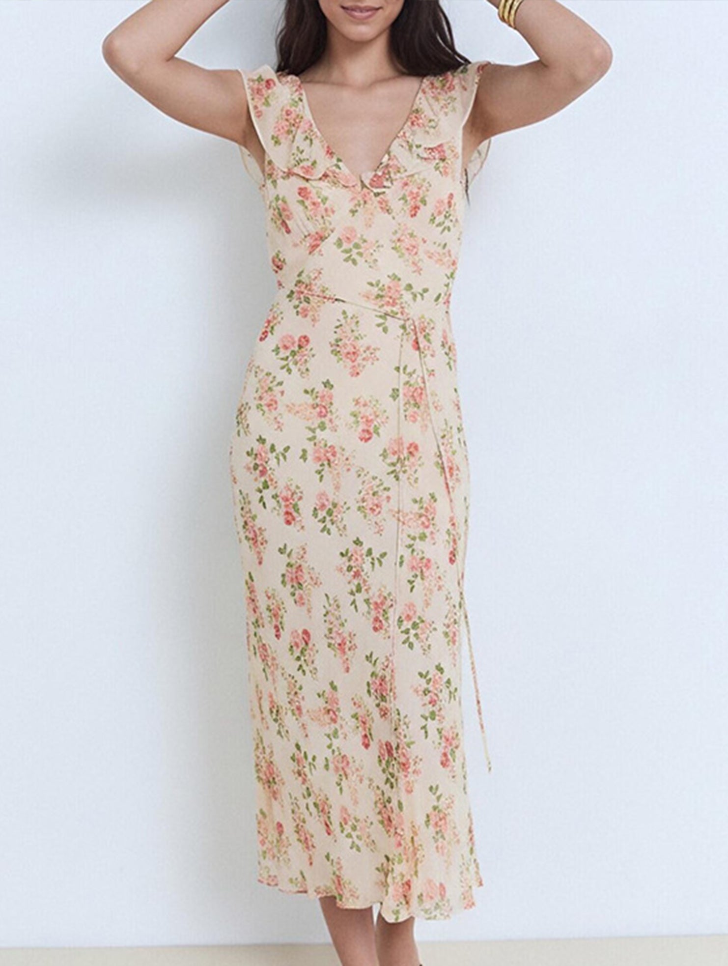 Floral V Neck Tie Maxi Dress