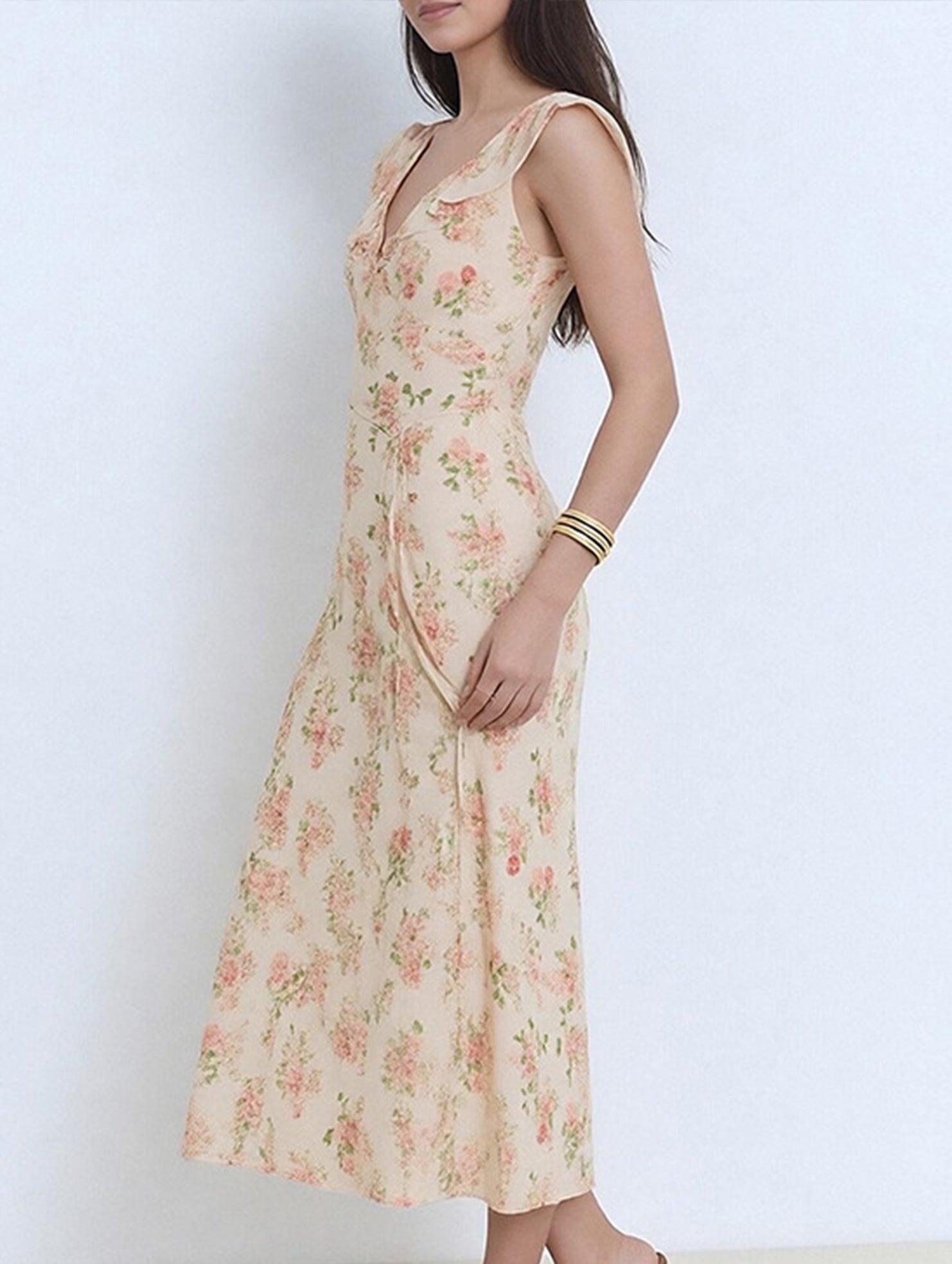Floral V Neck Tie Maxi Dress