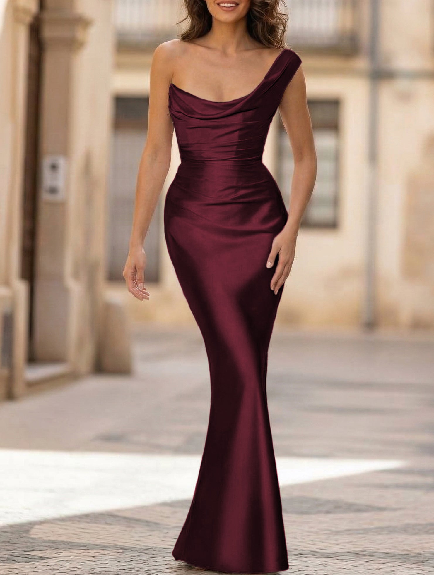 Satin One Shoulder Tie Maxi Dress