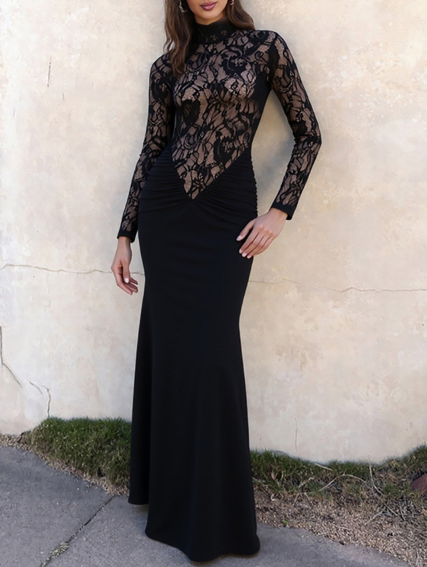 Lace Hollow Mock Neck Bodycon Dress