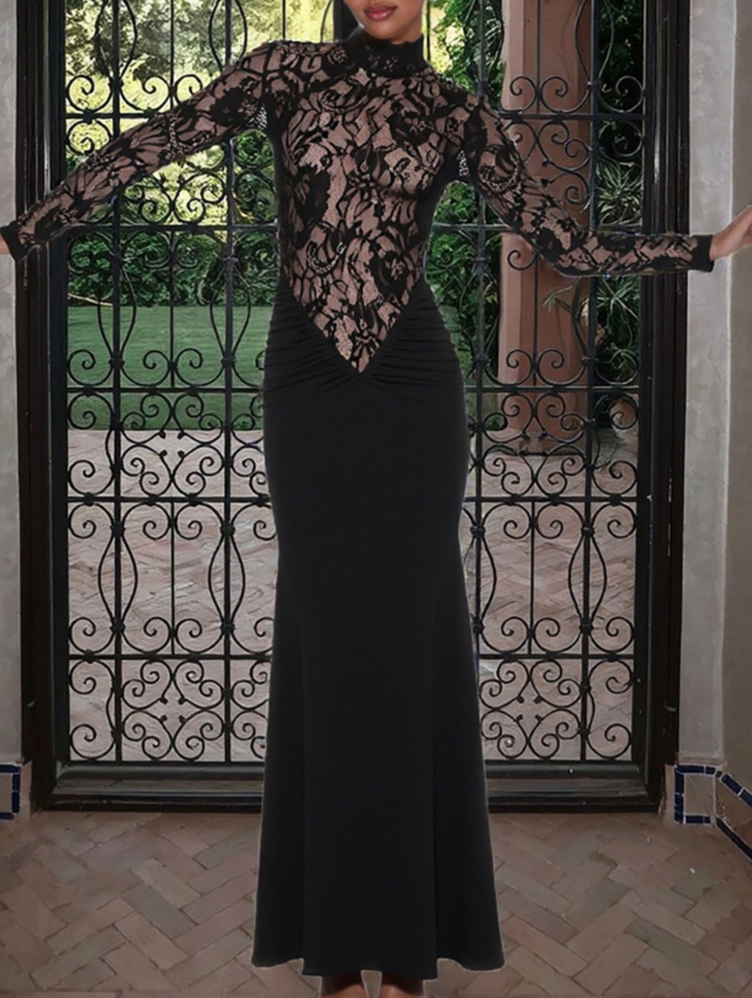 Lace Hollow Mock Neck Bodycon Dress