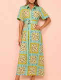 Graffiti Lantern Sleeve Linen Dress