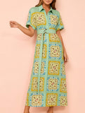 Graffiti Lantern Sleeve Linen Dress