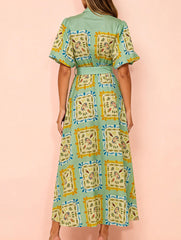 Graffiti Lantern Sleeve Linen Dress