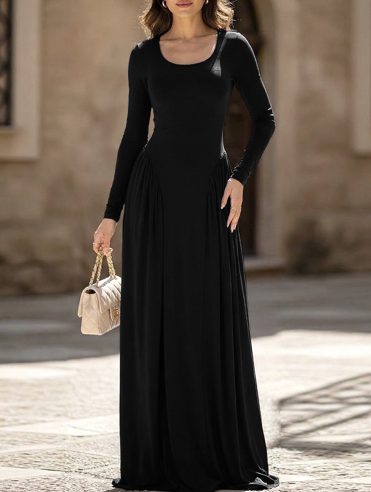 Solid U Neck Fit and Flare Dress