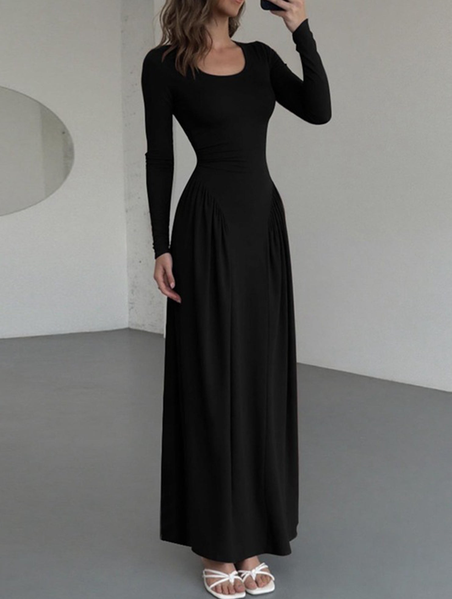 Solid U Neck Fit and Flare Dress