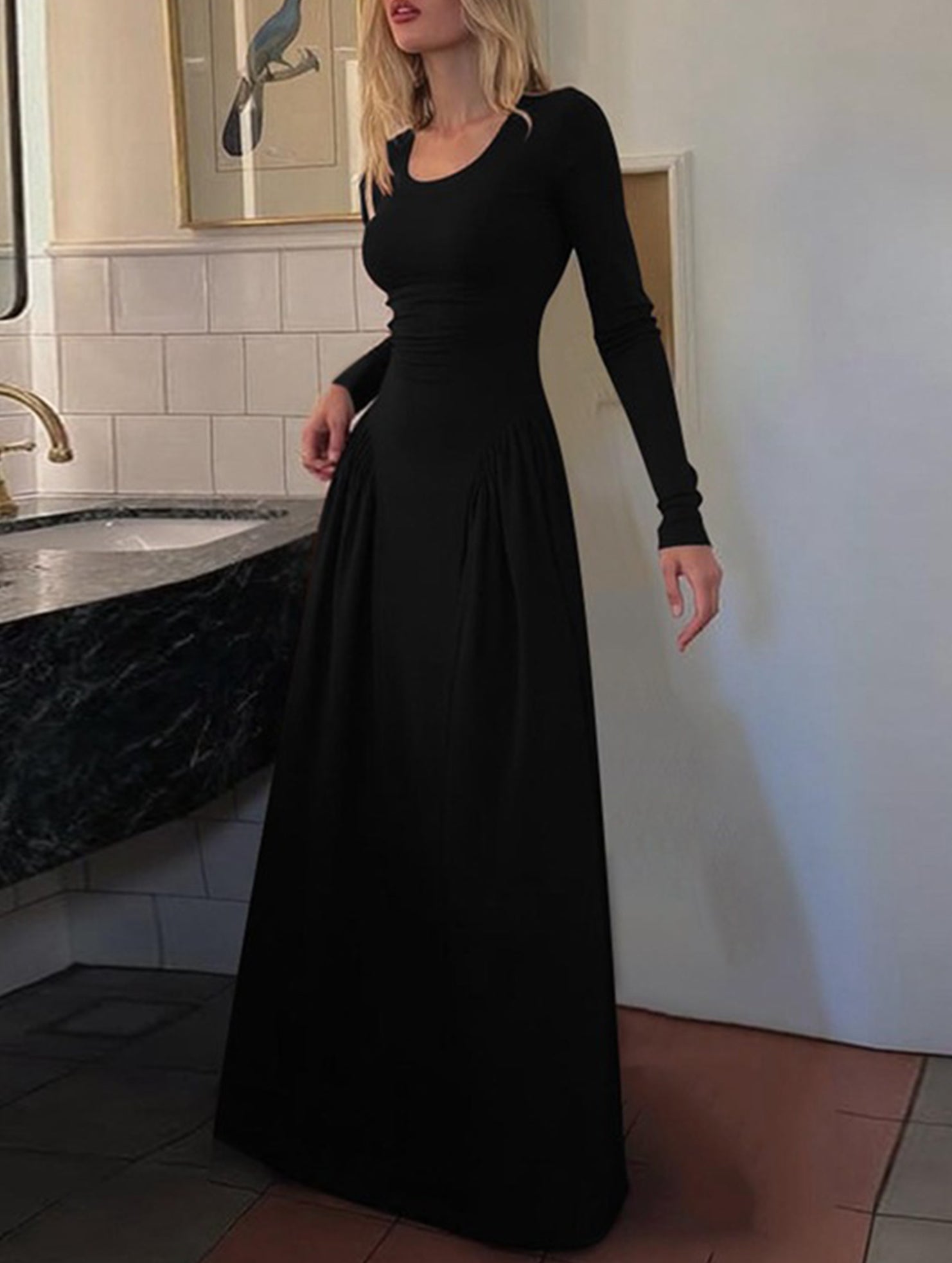 Solid U Neck Fit and Flare Dress