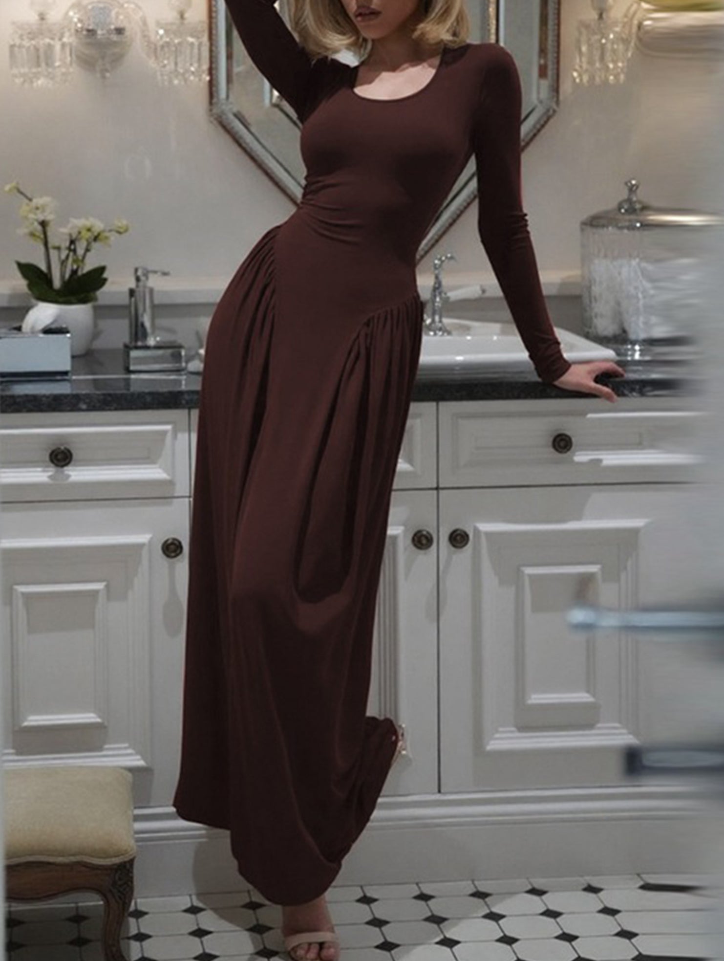 Solid U Neck Fit and Flare Dress