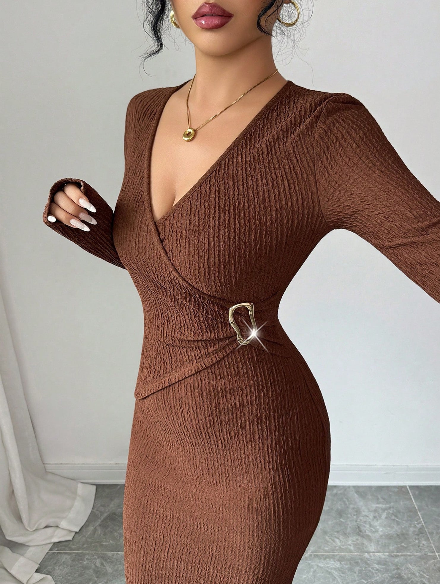 Cross Neck Textured Slim Dress