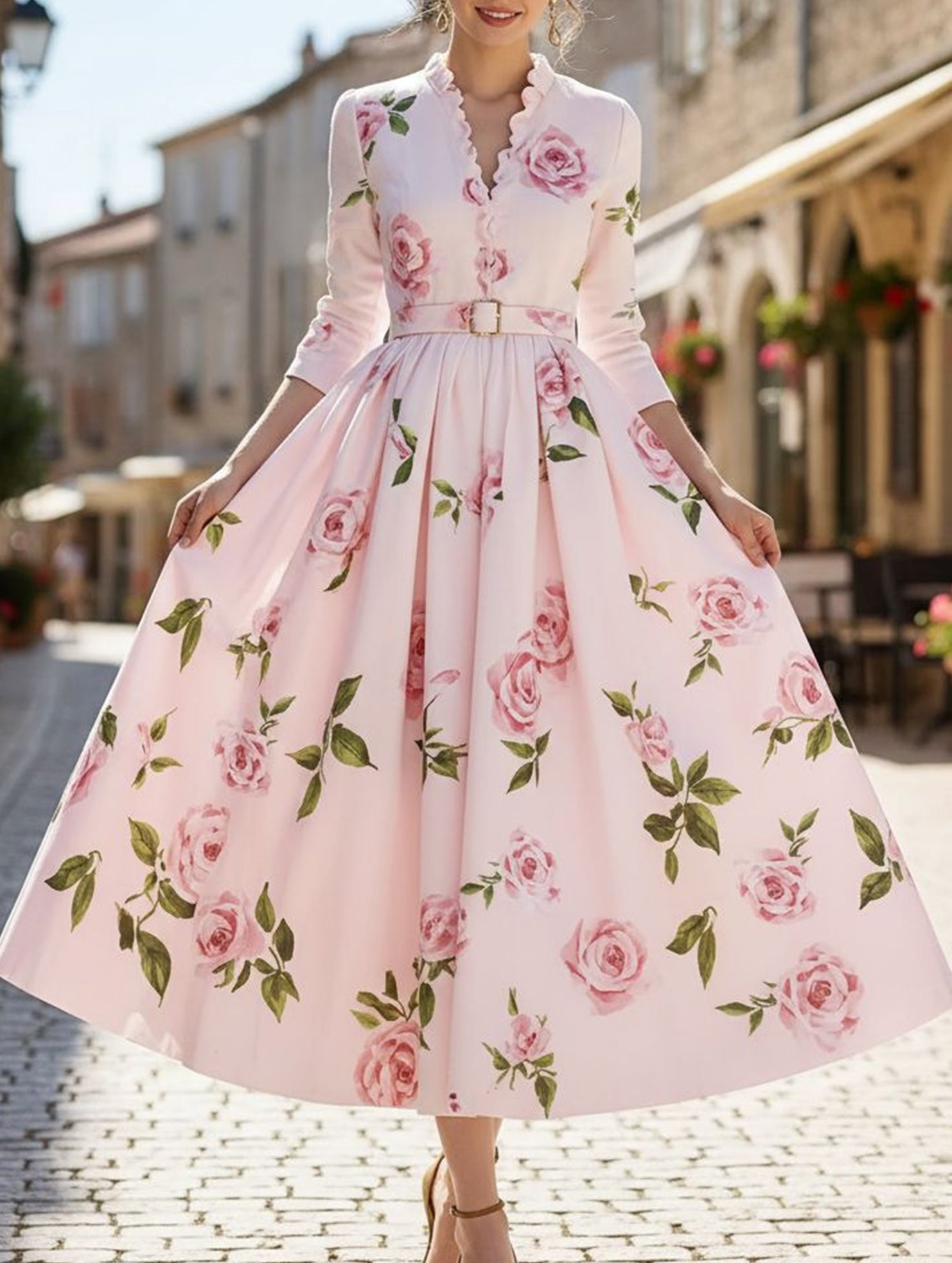 Print V Neck Waist A Line Dress