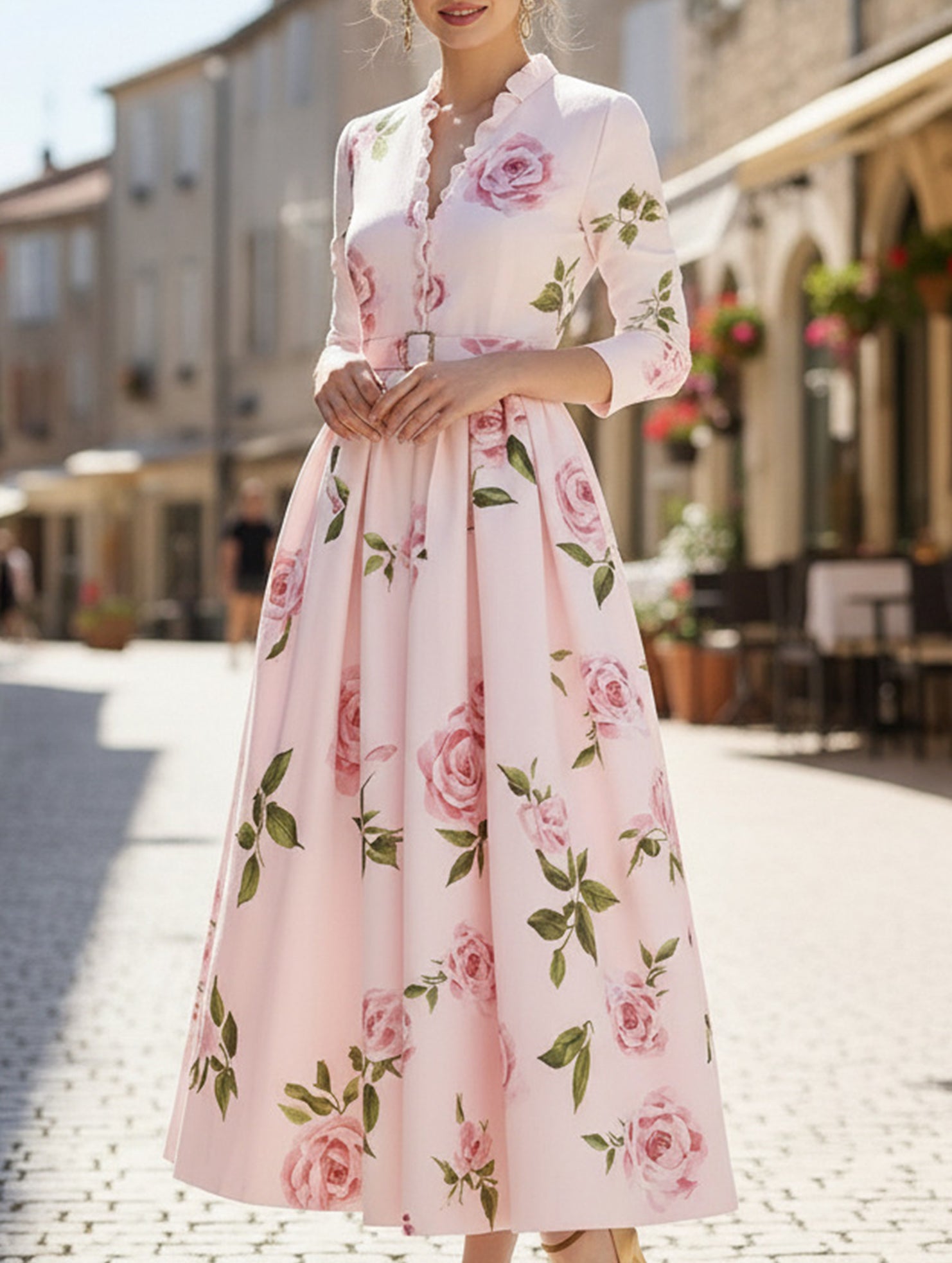 Print V Neck Waist A Line Dress