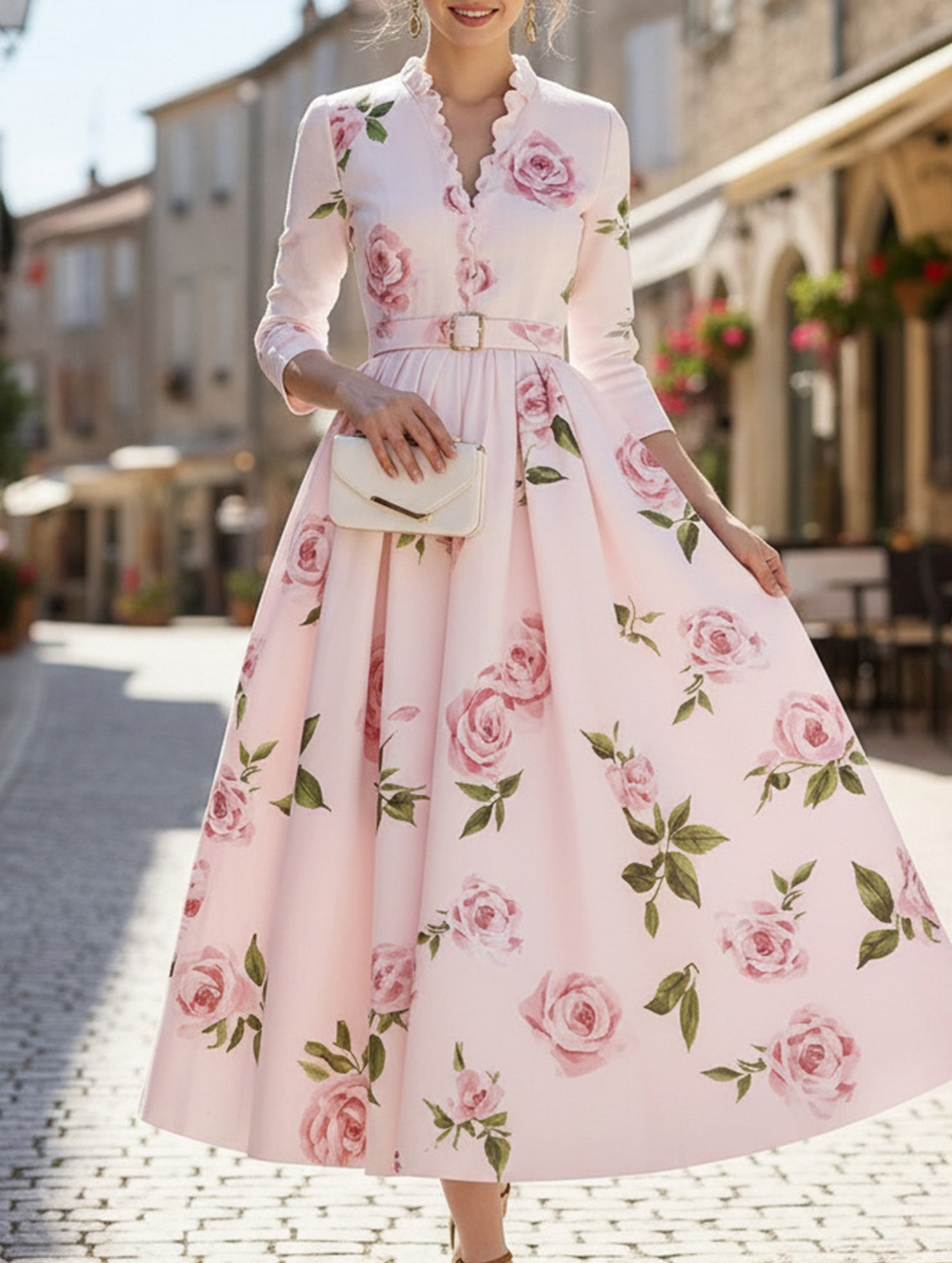 Print V Neck Waist A Line Dress