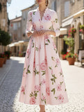 Print V Neck Waist A Line Dress