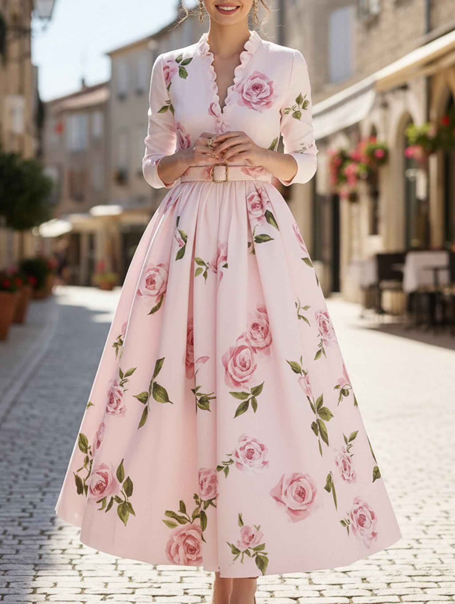 Print V Neck Waist A Line Dress