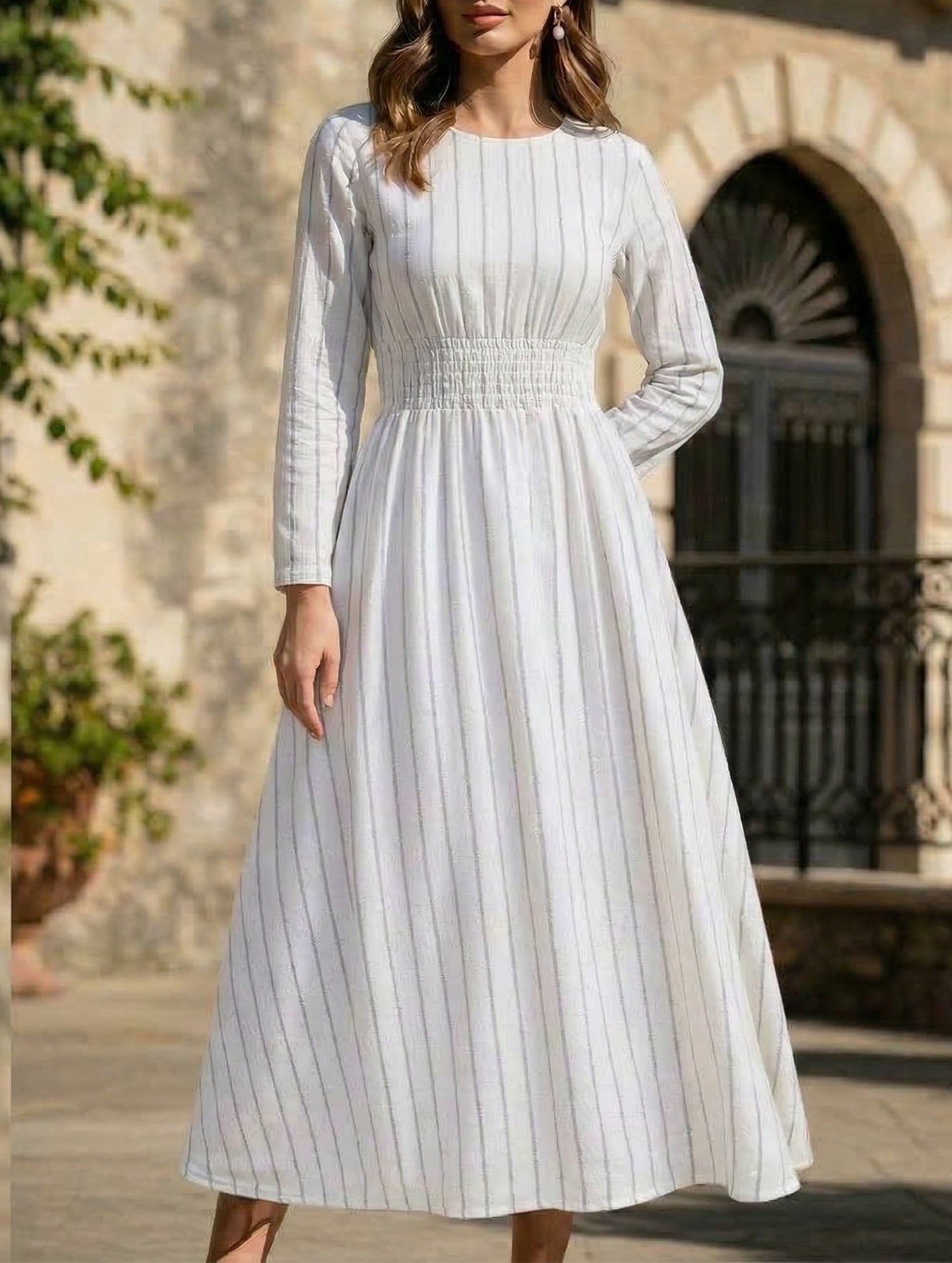 Stripe Crew Neck Tie Waist Dress