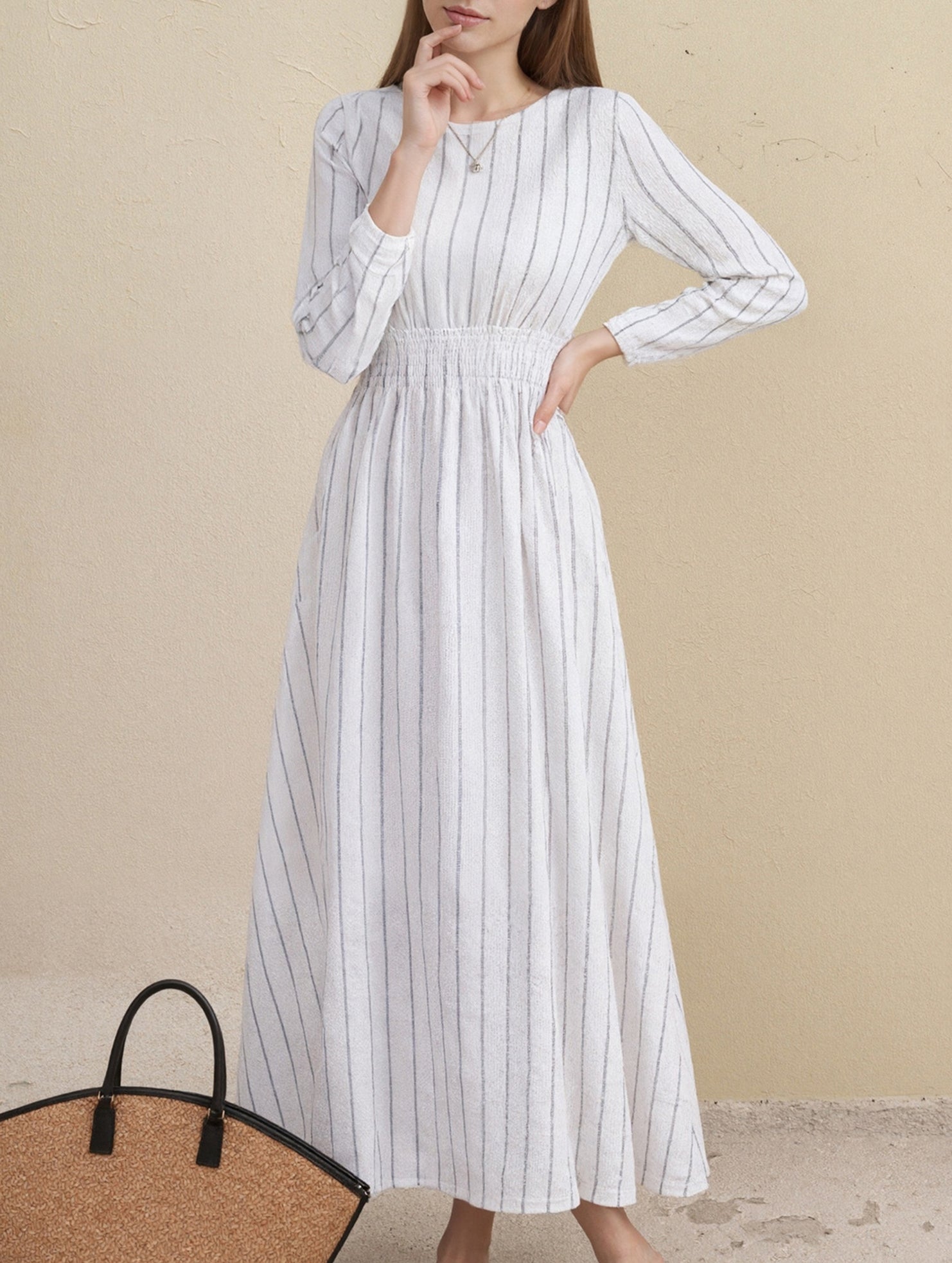 Stripe Crew Neck Tie Waist Dress