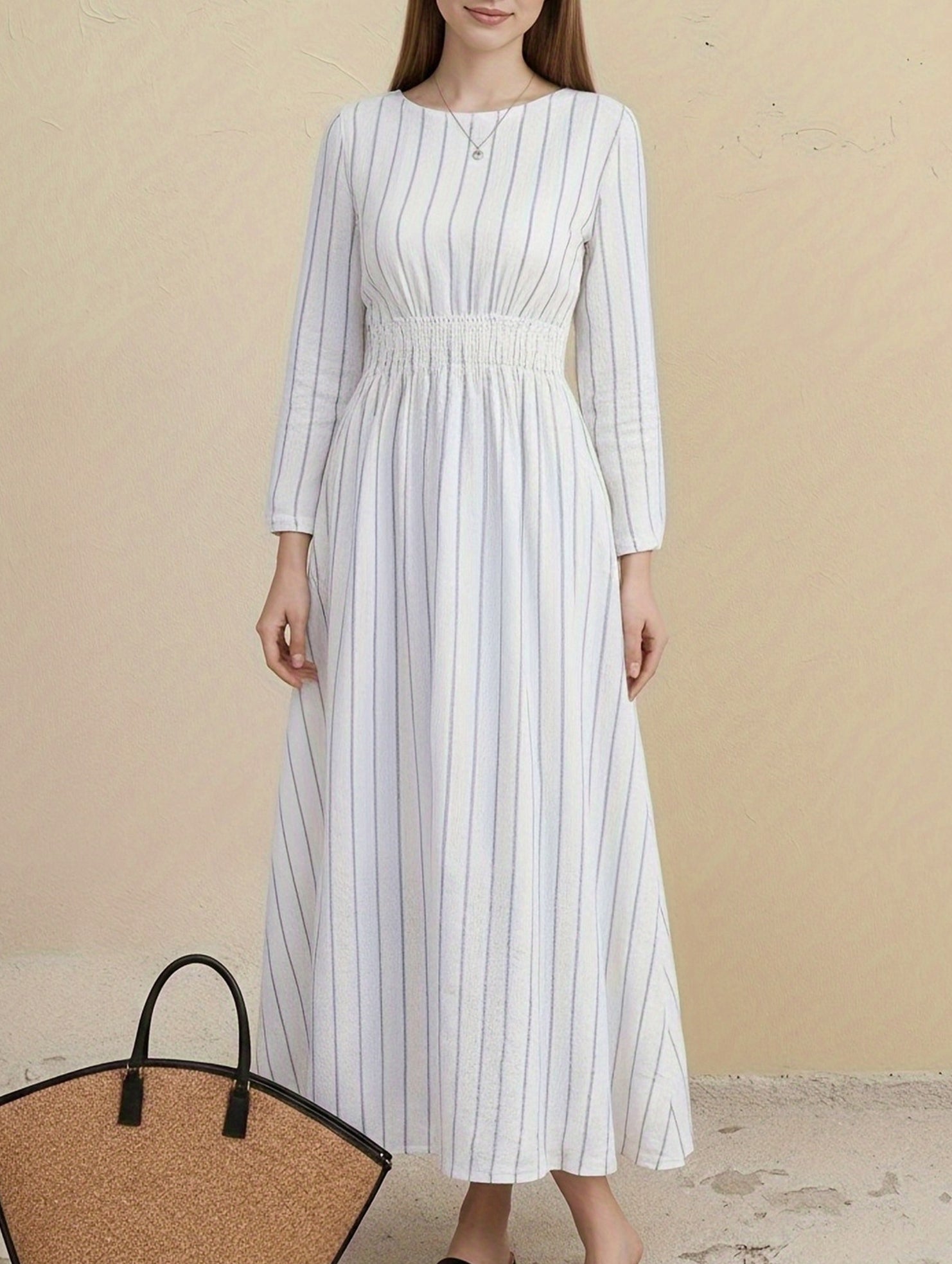 Stripe Crew Neck Tie Waist Dress