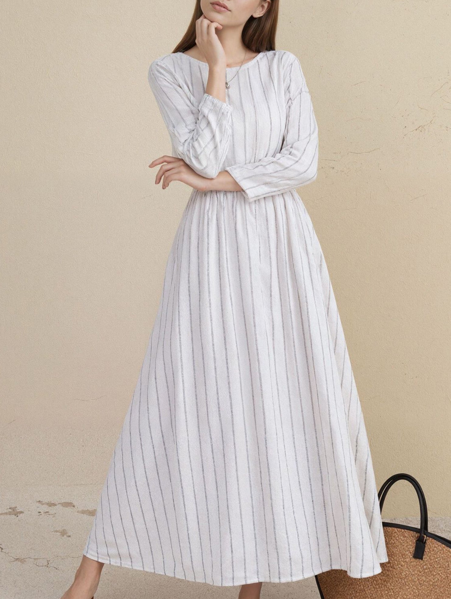 Stripe Crew Neck Tie Waist Dress