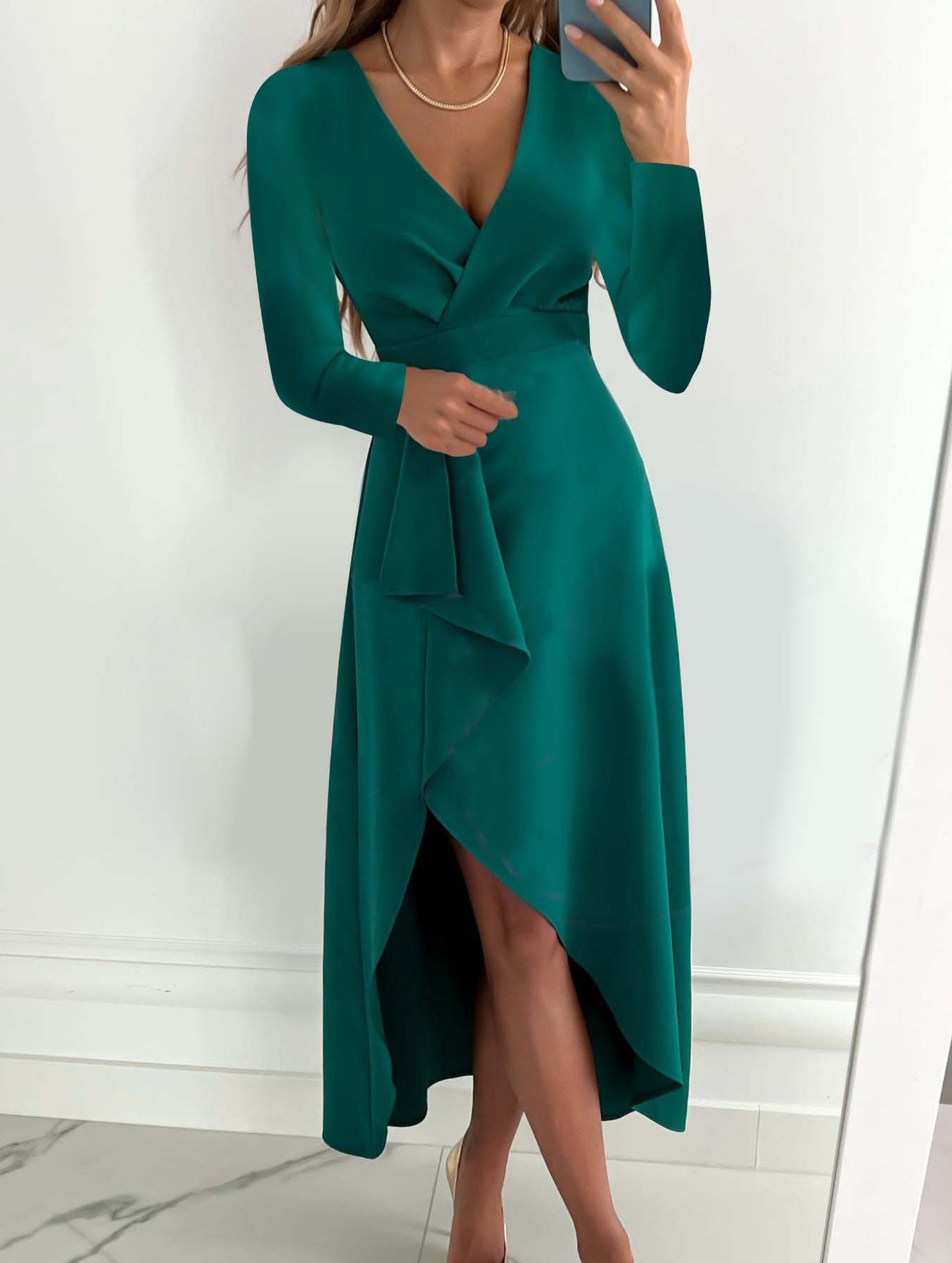 V Neck Ruched Slit Dress