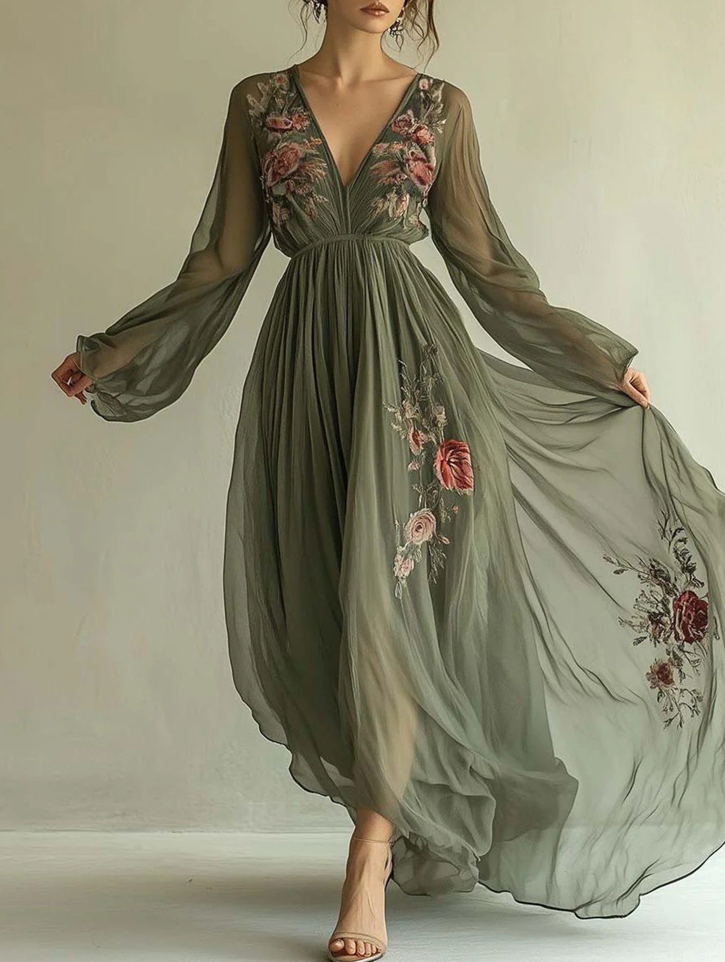 Digital Print V Neck Maxi Dress