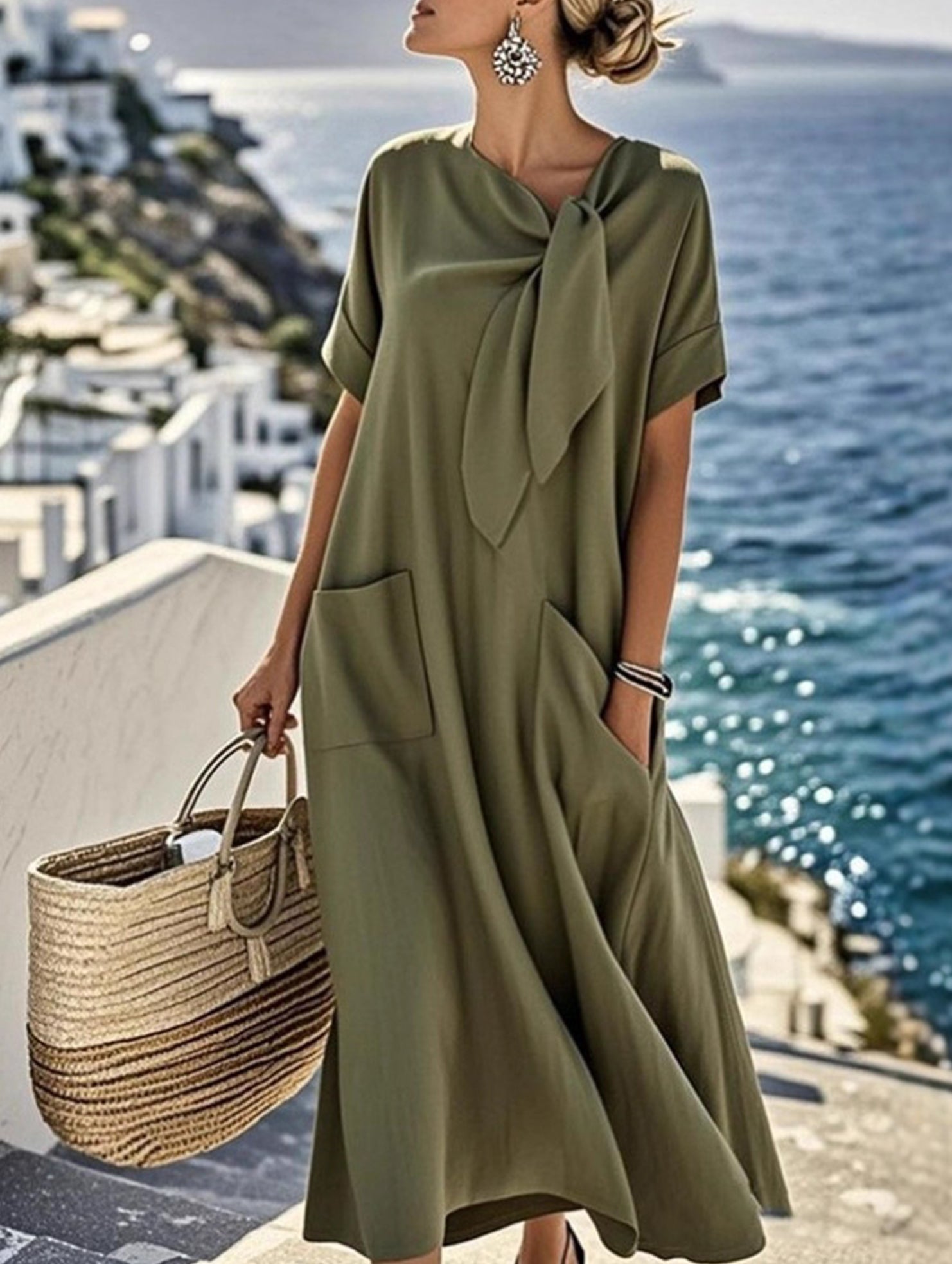 Bow Pocket Loose Maxi Dress