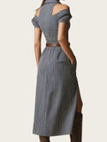Zip V Neck Stripe Off Shoulder Dress