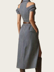 Zip V Neck Stripe Off Shoulder Dress