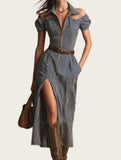 Zip V Neck Stripe Off Shoulder Dress