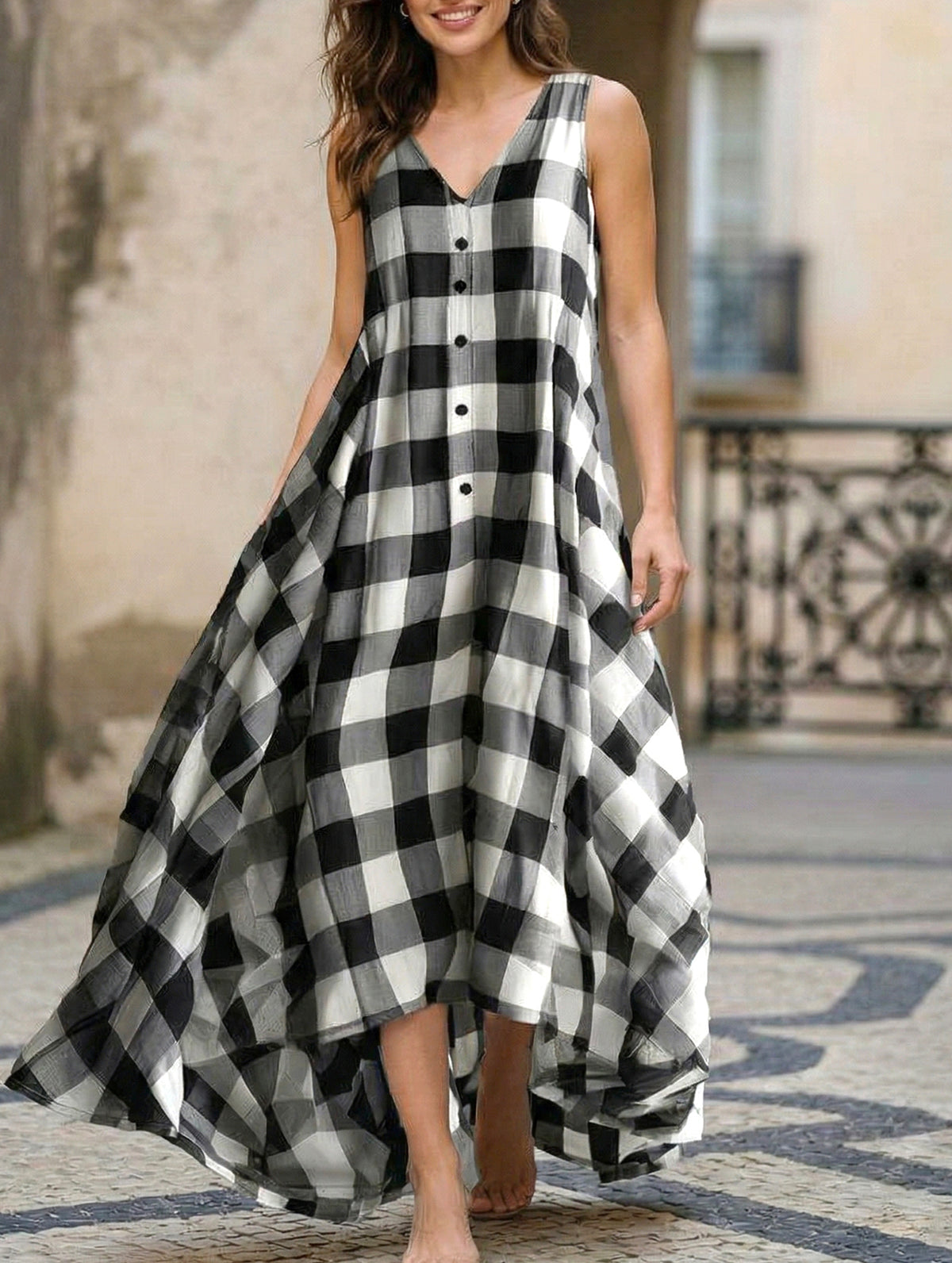 Plaid V Neck Sleeveless Maxi Dress