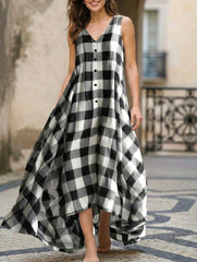 Plaid V Neck Sleeveless Maxi Dress