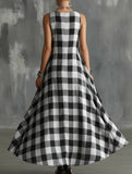 Plaid V Neck Sleeveless Maxi Dress