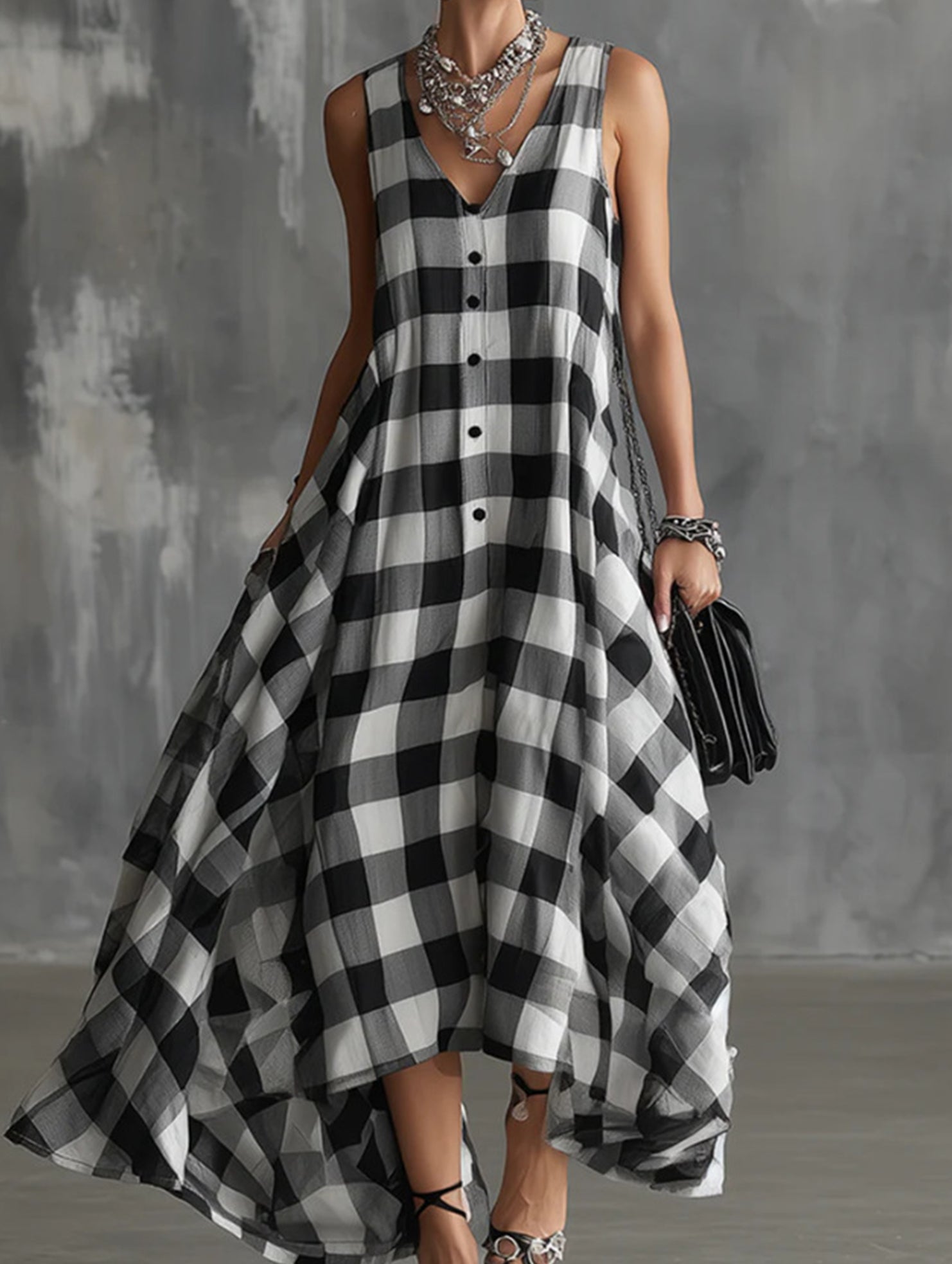 Plaid V Neck Sleeveless Maxi Dress