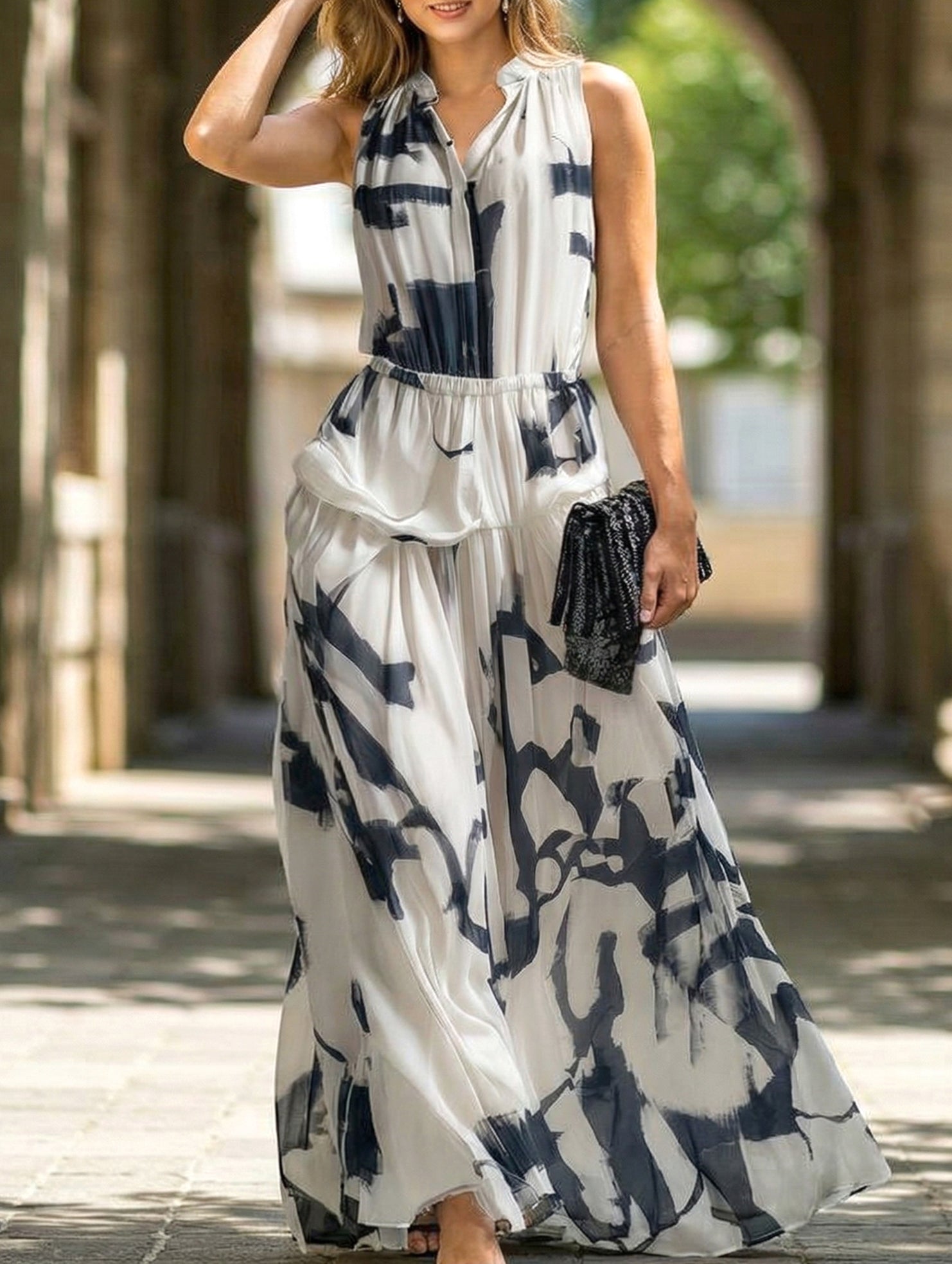Ink Print Sleeveless Flowy Maxi Dress