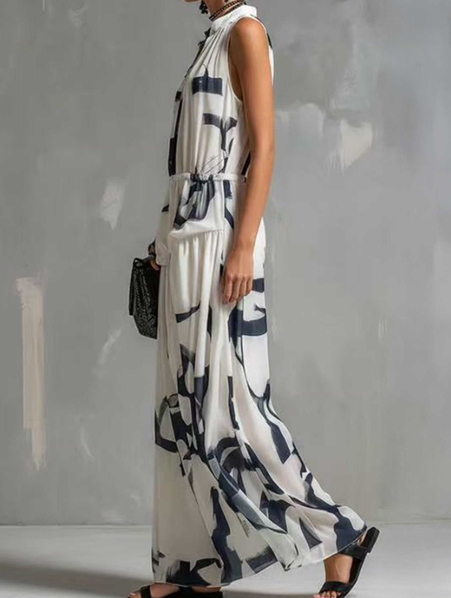 Ink Print Sleeveless Flowy Maxi Dress