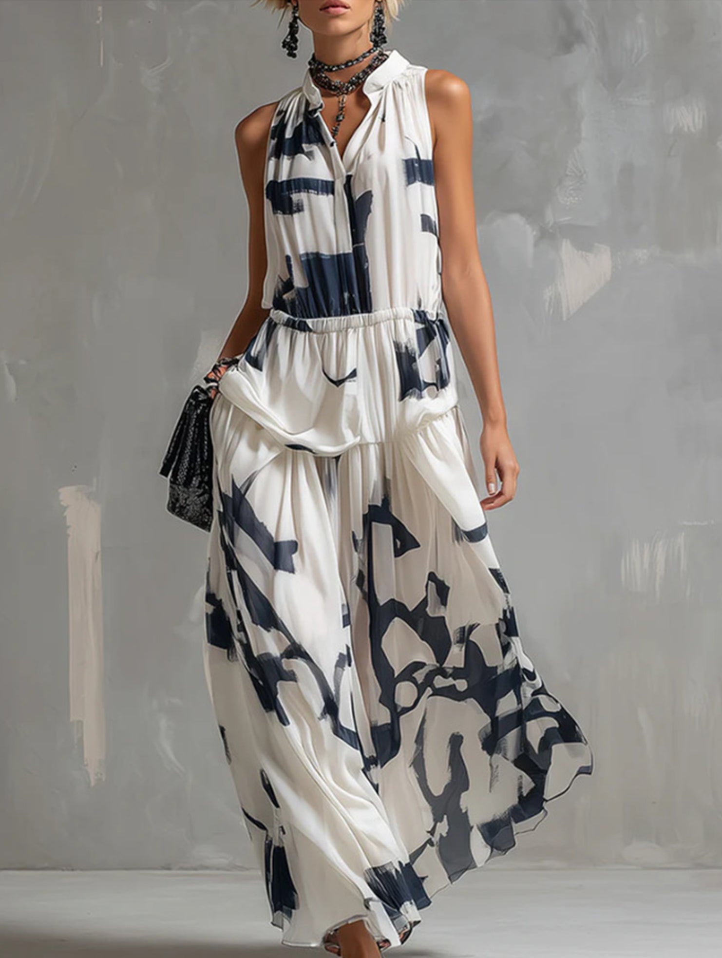 Ink Print Sleeveless Flowy Maxi Dress
