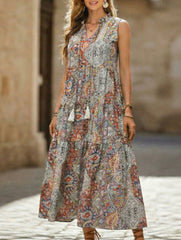 Tribal Print Stand Collar Drawstring Dress