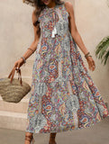 Tribal Print Stand Collar Drawstring Dress