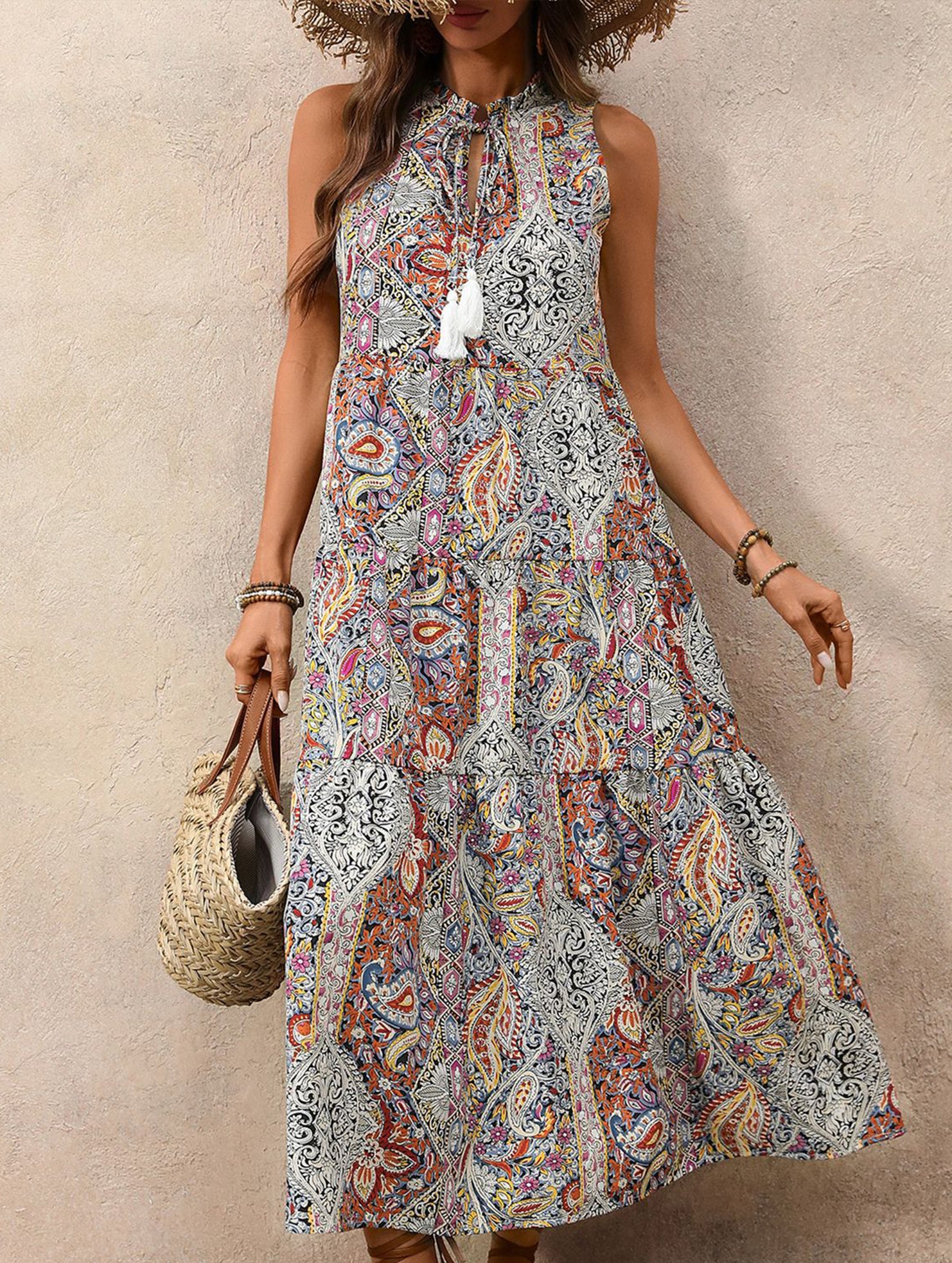 Tribal Print Stand Collar Drawstring Dress