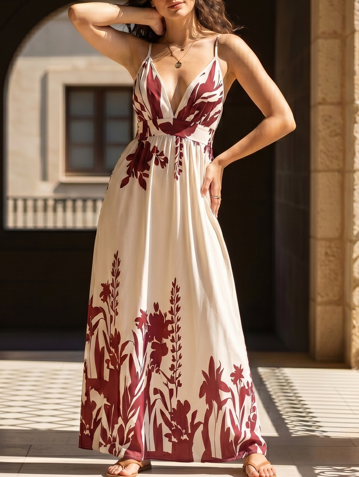 Women's red floral print backless cami maxi dress - deep V neck flowy summer vacation dress