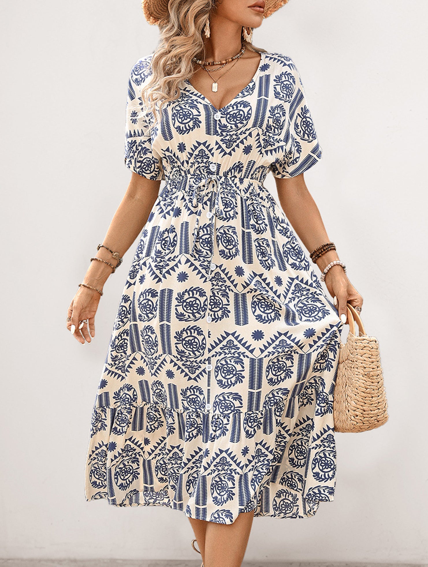 Tribal Print V Neck Short Sleeve Dress